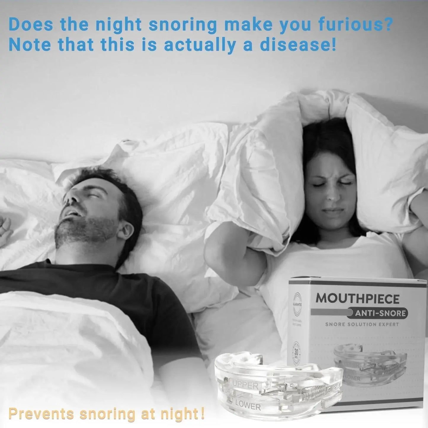 Snoring Mouthpiece DSERS by MIPHESLY helps prevent snoring for a better night's sleep. Transparent and effective solution.